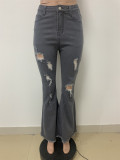 Blue Distress Ripped Holes Bell Bottom Jeans