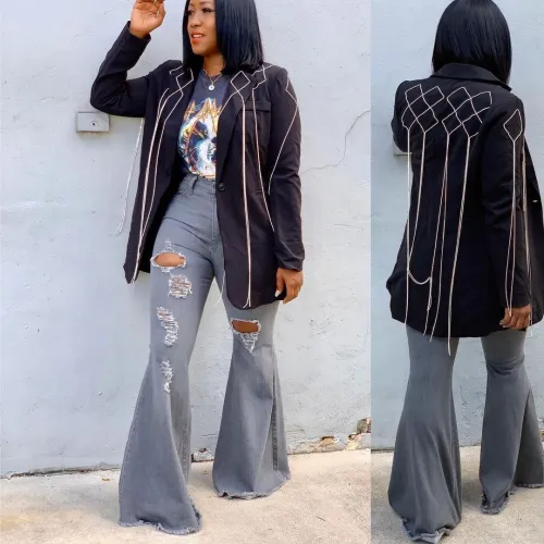 Blue Distress Ripped Holes Bell Bottom Jeans