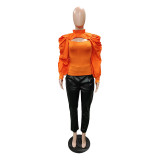 Orange Cutout Puff Sleeve Fashion Top