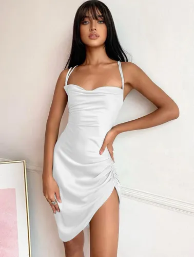 Solid Sexy Tie Back Ruched Irregular Dress