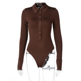 Solid Button Long Sleeve Turn Down Collar Bodysuit