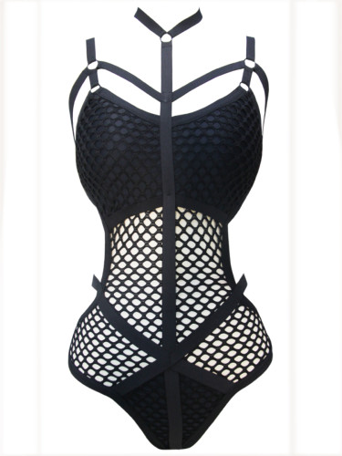 Black Sexy Hollow-Out Fishnet One Piece Swimwear