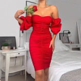 Red Off Shoulder Ruched Midi Dress
