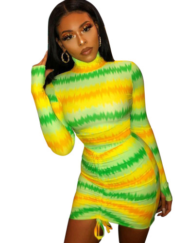 Colorful Print Long Sleeve Ruched Bodycon Dress