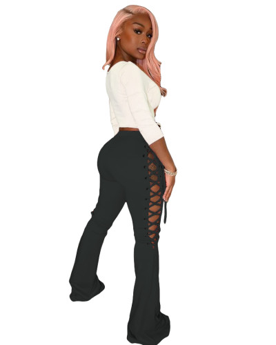 Party Solid High Waist Lace Up Flare Trousers