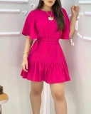 Pink Short Sleeve Ruffle Belted Skater Dress