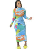 Blue Map Print High Neck Long Dress