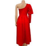 Solid One Shoulder Fit and Flare Dress without Belt