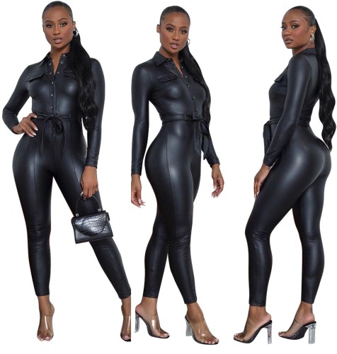 Black PU Leather Button Up Belted Bodycon Jumpsuit