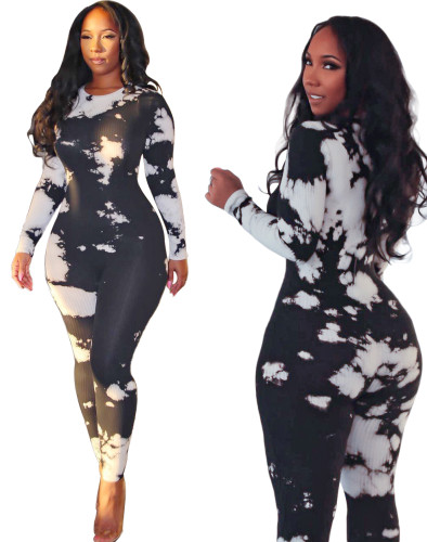 Black & White Long Sleeve Sexy Bodycon Jumpsuit