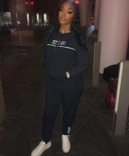 Letter Print Hooded Sweatsuit with Front Pocket