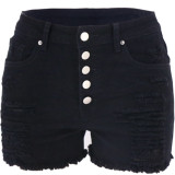 Black High Waist Button Ripped Holes Denim Shorts