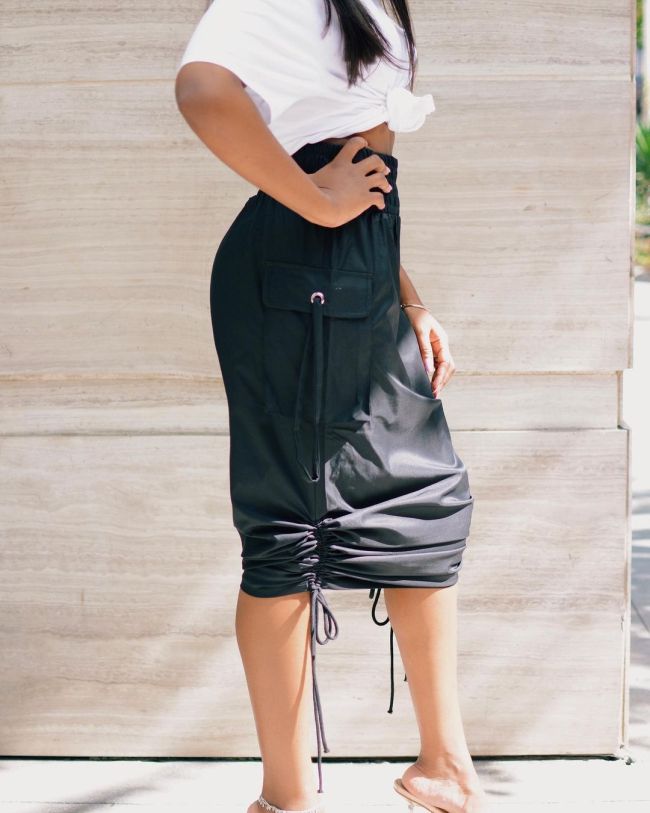 Black High Waist Drawstrings Leisure Midi Skirt