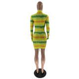 Colorful Print Long Sleeve Ruched Bodycon Dress