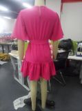 Pink Short Sleeve Ruffle Belted Skater Dress