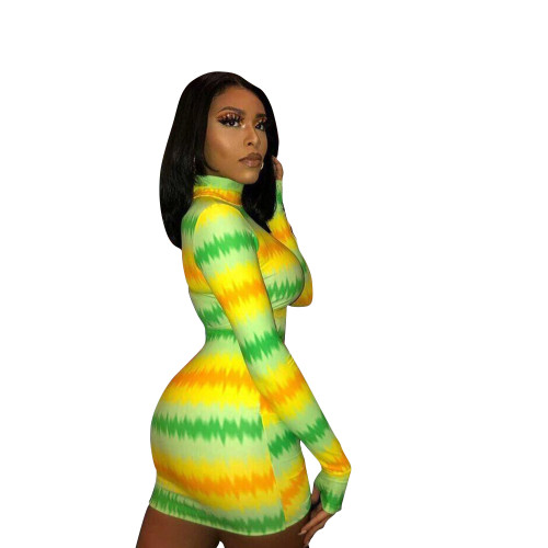 Colorful Print Long Sleeve Ruched Bodycon Dress