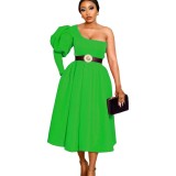 Solid One Shoulder Fit and Flare Dress without Belt
