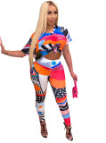 Print Colorful Fitted Top and Pants Two Piece Set
