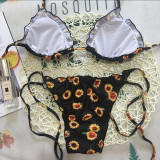 Daisy Print Black Frilled Tie Sides Bikini Set