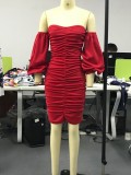 Red Off Shoulder Ruched Midi Dress
