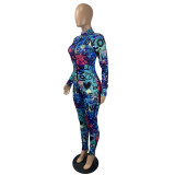 Print Colorful Long Sleeve Bodycon Jumpsuit