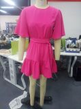 Pink Short Sleeve Ruffle Belted Skater Dress