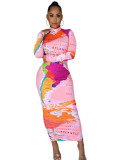 Pink Map Print High Neck Long Dress