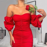 Red Off Shoulder Ruched Midi Dress