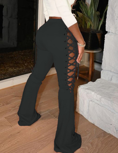 Party Solid High Waist Lace Up Flare Trousers