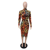 Colorful Print Zip Up Ruched Bodycon Midi Dress