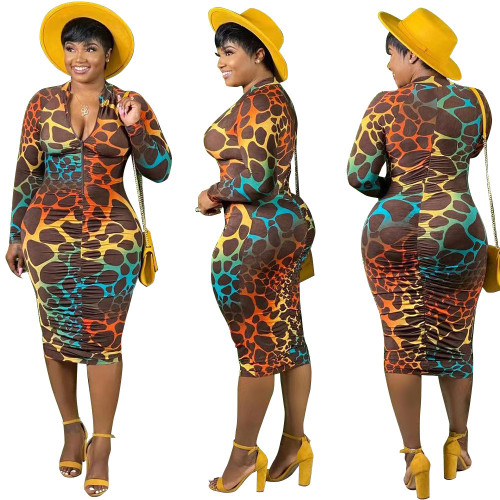 Colorful Print Zip Up Ruched Bodycon Midi Dress