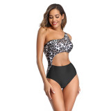 One Shoulder Contrast Leopard Cutout One Piece Swimsuit