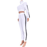 White & Black High Neck Crop Top and Pants Sweat Suits