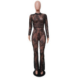 Black FLoral Lace Sexy See Through Flare Jumpsuit