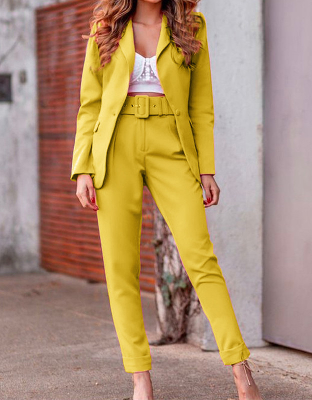 Office Solid Blazer and High Waist Pants Set