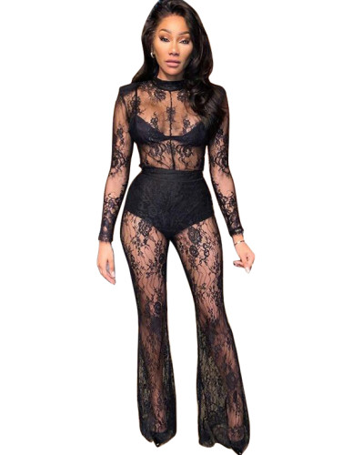 Black FLoral Lace Sexy See Through Flare Jumpsuit