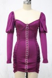 Sweetheart Neck Puff Sleeve Purple Mini Dress