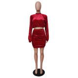 Velvet High Neck Crop Top and Mini Skirt Set