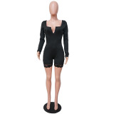 Black Lace Trim Long Sleeve Sexy Bodycon Rompers
