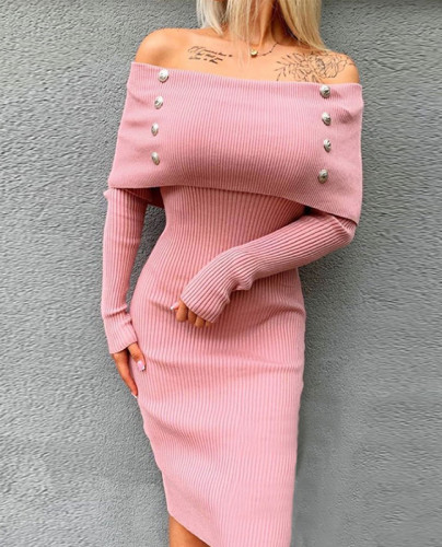 Fold Over Off Shoulder Knitted Midi Dress