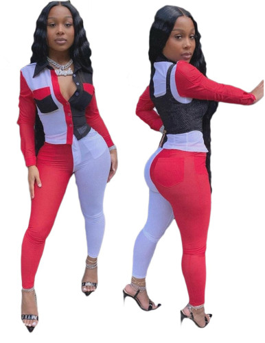 Colorblock Sexy Blouse and Pants Two Piece Outfits