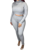 Long Sleeve High Neck Fitted Crop Top and Pants Set