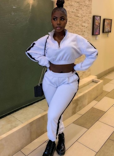 White & Black High Neck Crop Top and Pants Sweat Suits