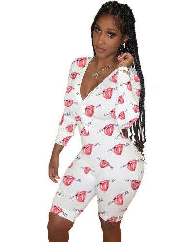 Sexy Print V-Neck Button Up Pajamas Romper
