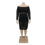Plus Size Black Off Shoulder Mesh Insert Striped Midi Dress