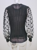 Black Knitting Top with Mesh Puff Sleeve