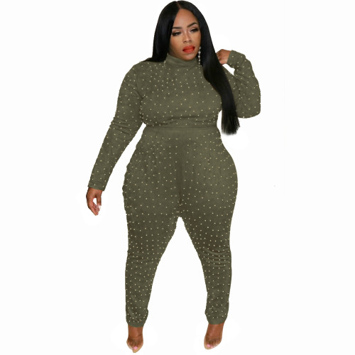 Plus Size Army Green Beaded Bodycon Jumpsuit