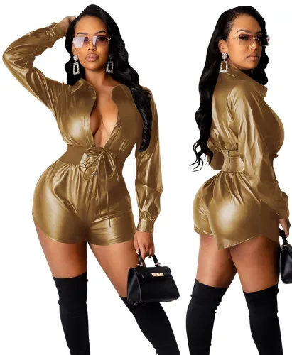 Sexy Plunge PU Leather Belted Rompers
