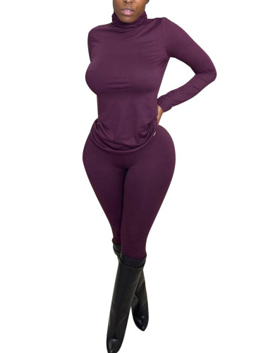 Long Sleeve Solid High Neck Basic Top and Pants Two Piece Set