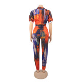 Print Colorful Blouse and Tight Pants Two Piece Set